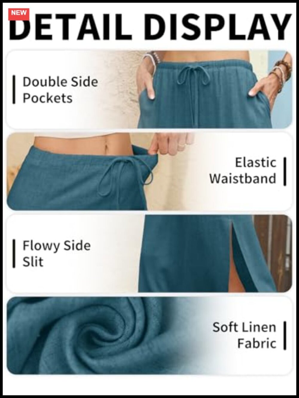 Linen Straight Maxi Skirt with Side Slit & Pockets Elastic Waist Drawstring - Picture 5 of 6